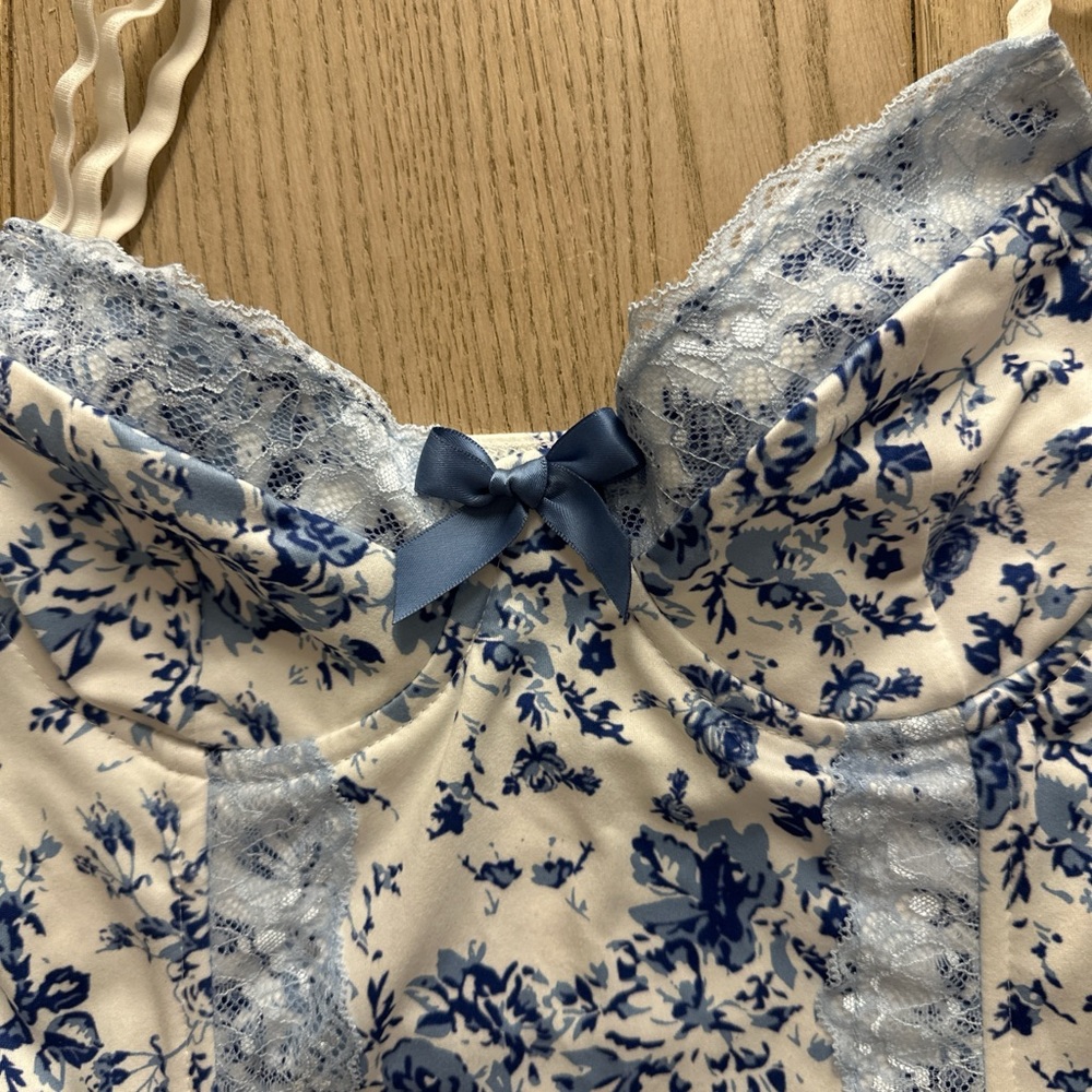 Blue and Cream Floral Crop Top with Bow Detail